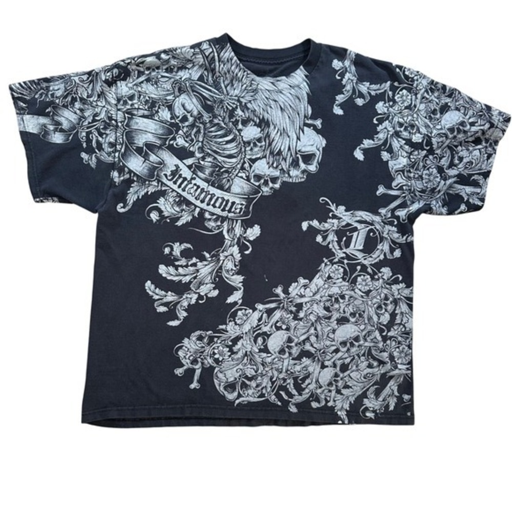 AOP Y2K Infamous XL Black Skull Skeleton Wings Shirt Affliction Tap Out Style
